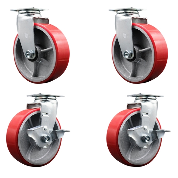 Service Caster 6 Inch Red Poly on Cast Iron Swivel Caster Set with Roller Bearings 2 Brakes SCC-20S620-PUR-RS-2-TLB-2